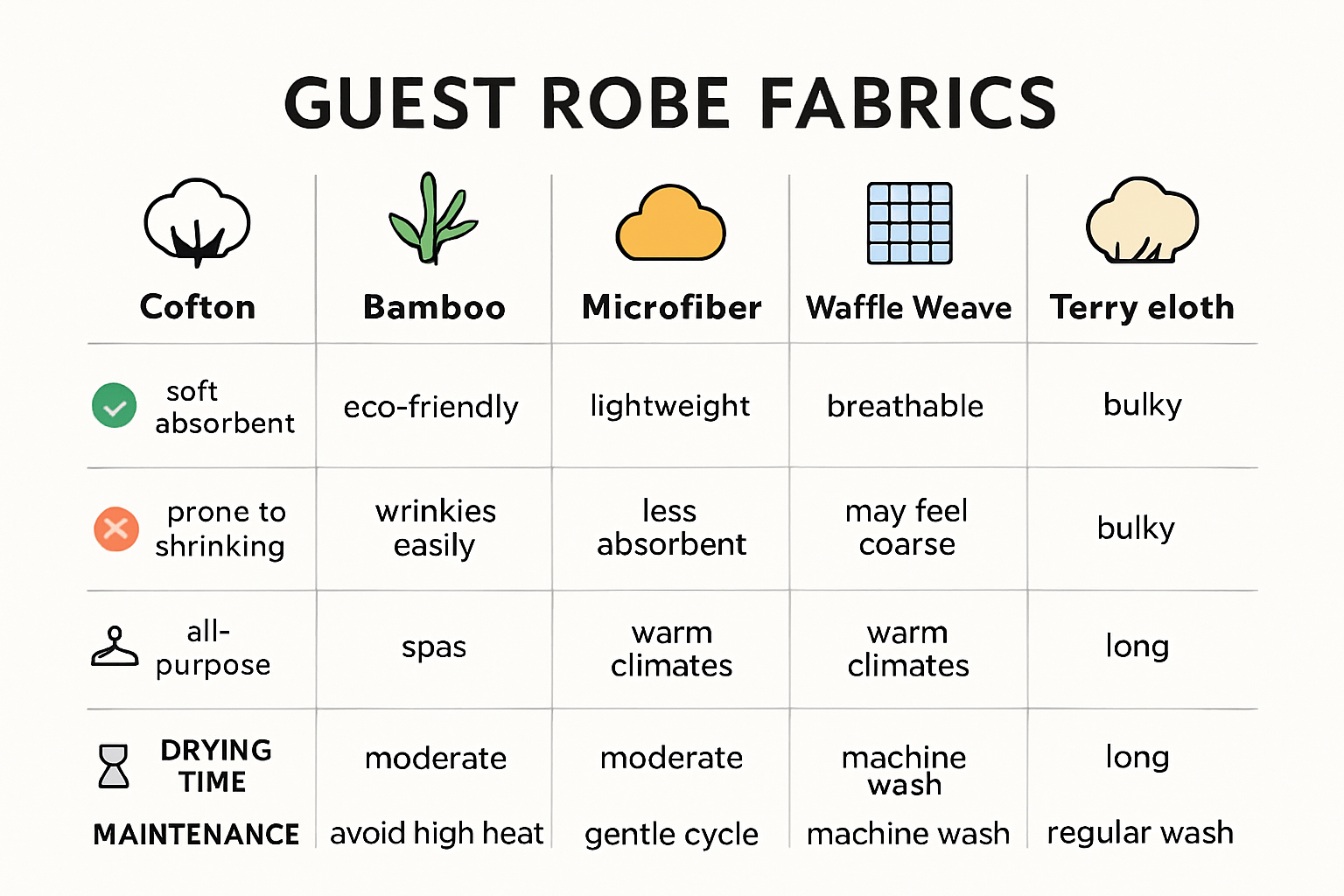 Guest robe fabric comparison infographic with icons and quick tips