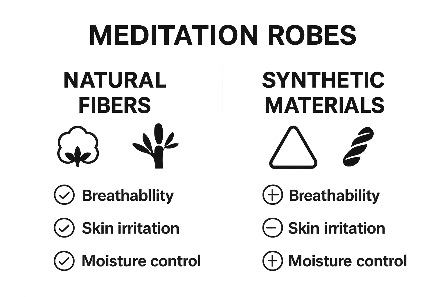 Simple infographic compares natural with synthetic meditation robe fabrics