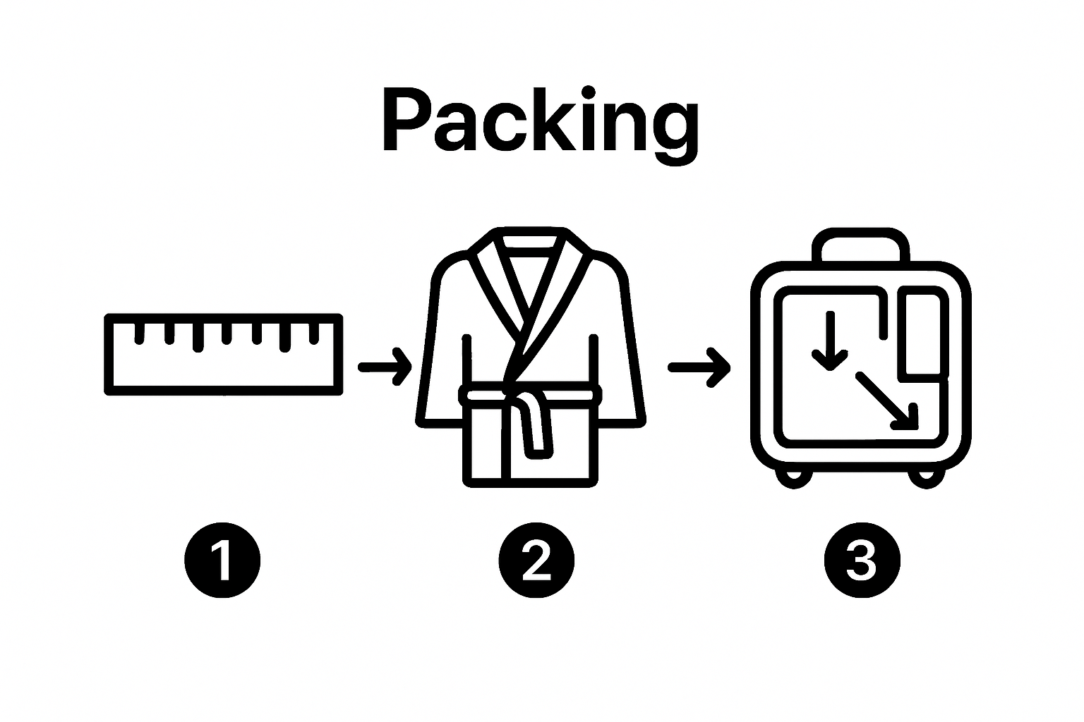 Step-by-step visual of measuring, folding, and packing a travel robe.