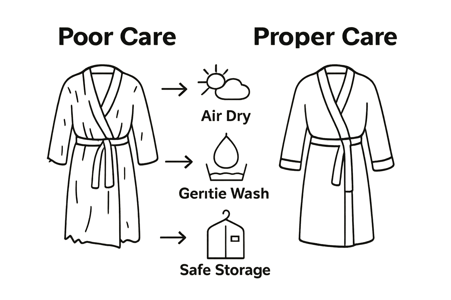 Infographic contrasting a damaged vs. well-cared-for robe using simple icons.