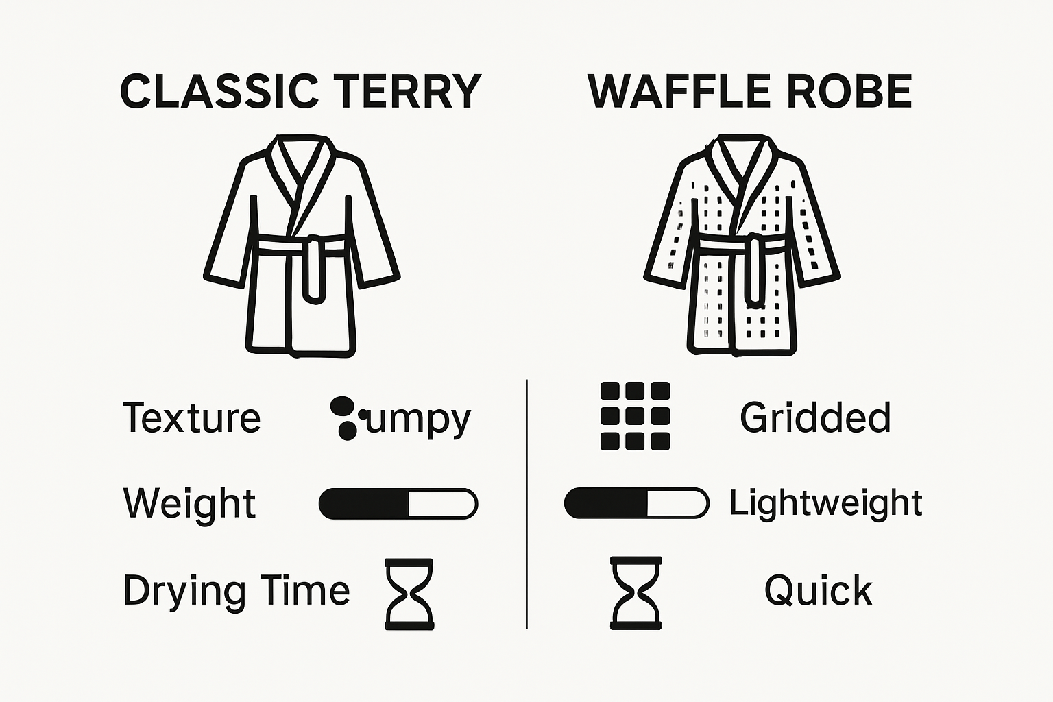 Infographic comparing waffle and terry robes by texture, weight, and drying time.