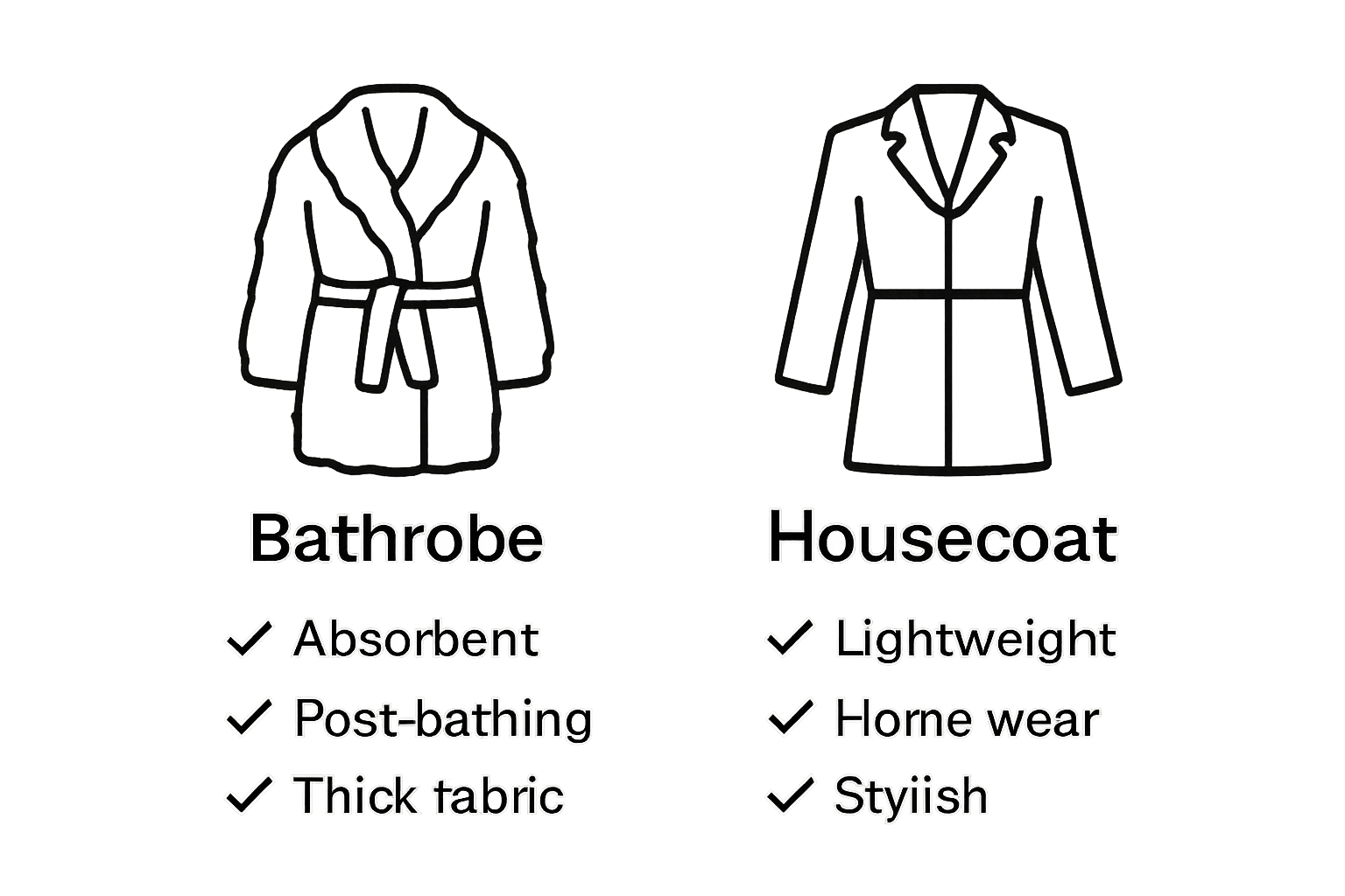 Comparison illustration of a bathrobe and a housecoat with their key features.