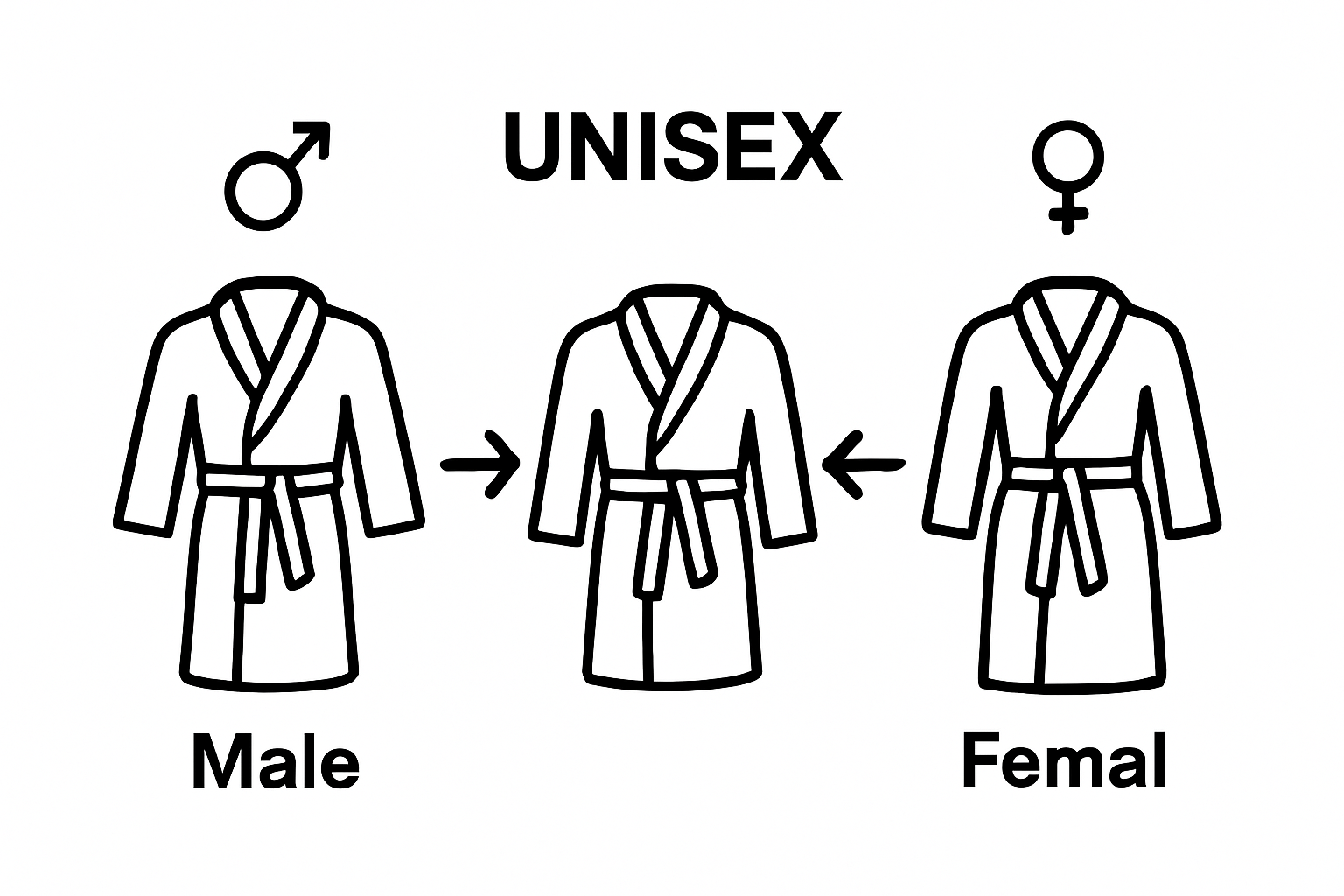 Simple comparison infographic showing unisex bathrobe design versus traditional gendered bathrobes.