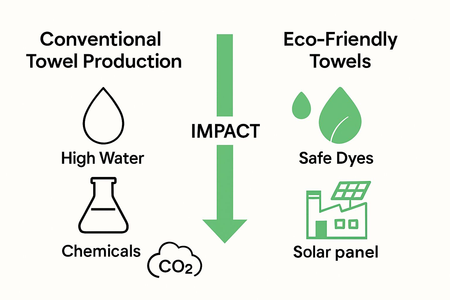 Infographic comparing eco-friendly and conventional towel production impacts