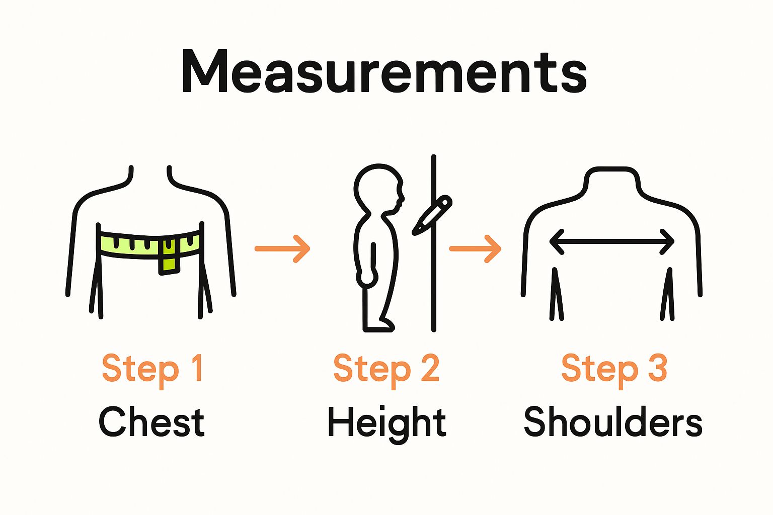 Three step diagram showing chest, height, and shoulder measurements for a growing child