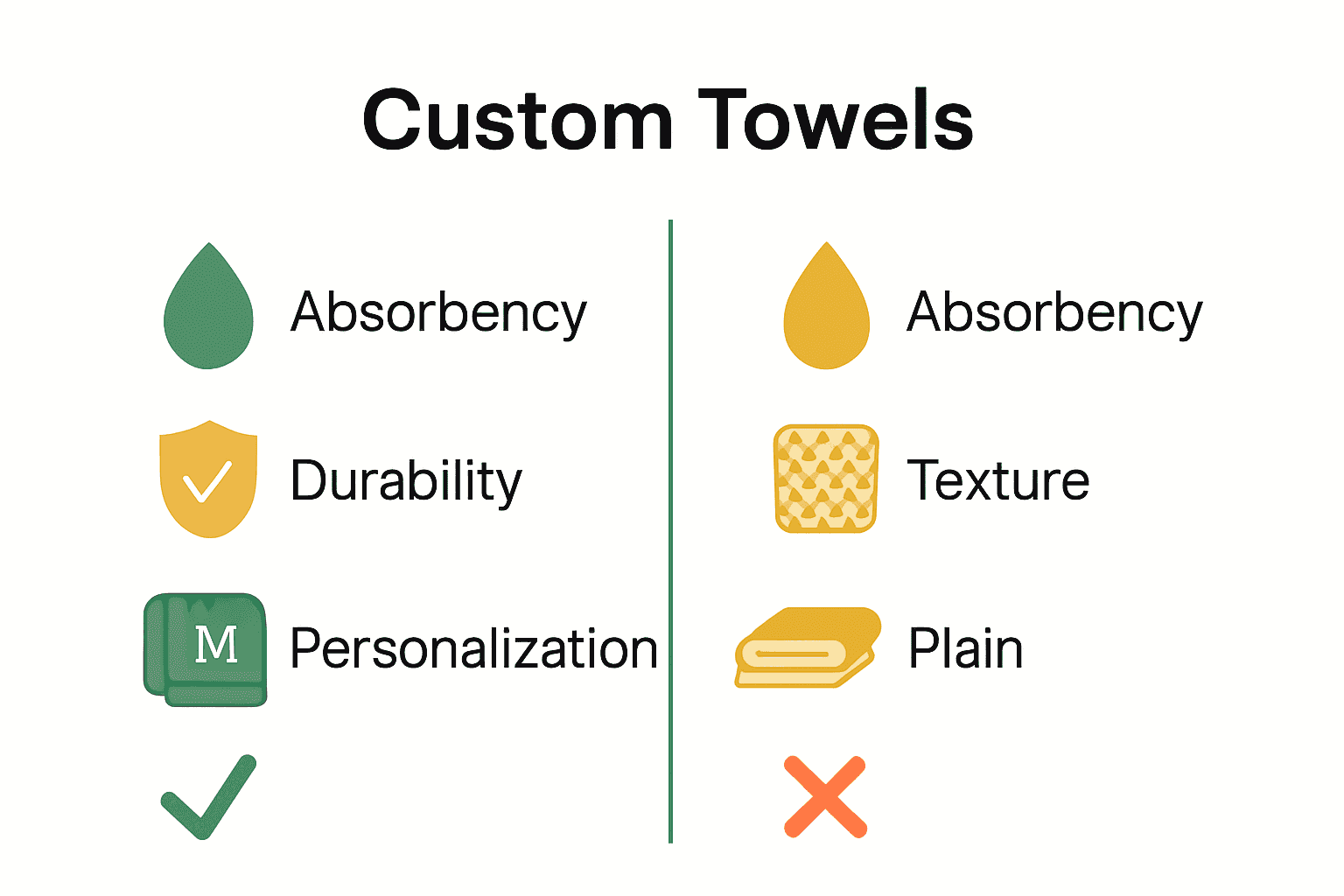 Infographic comparing custom towels to standard towels by key quality factors.