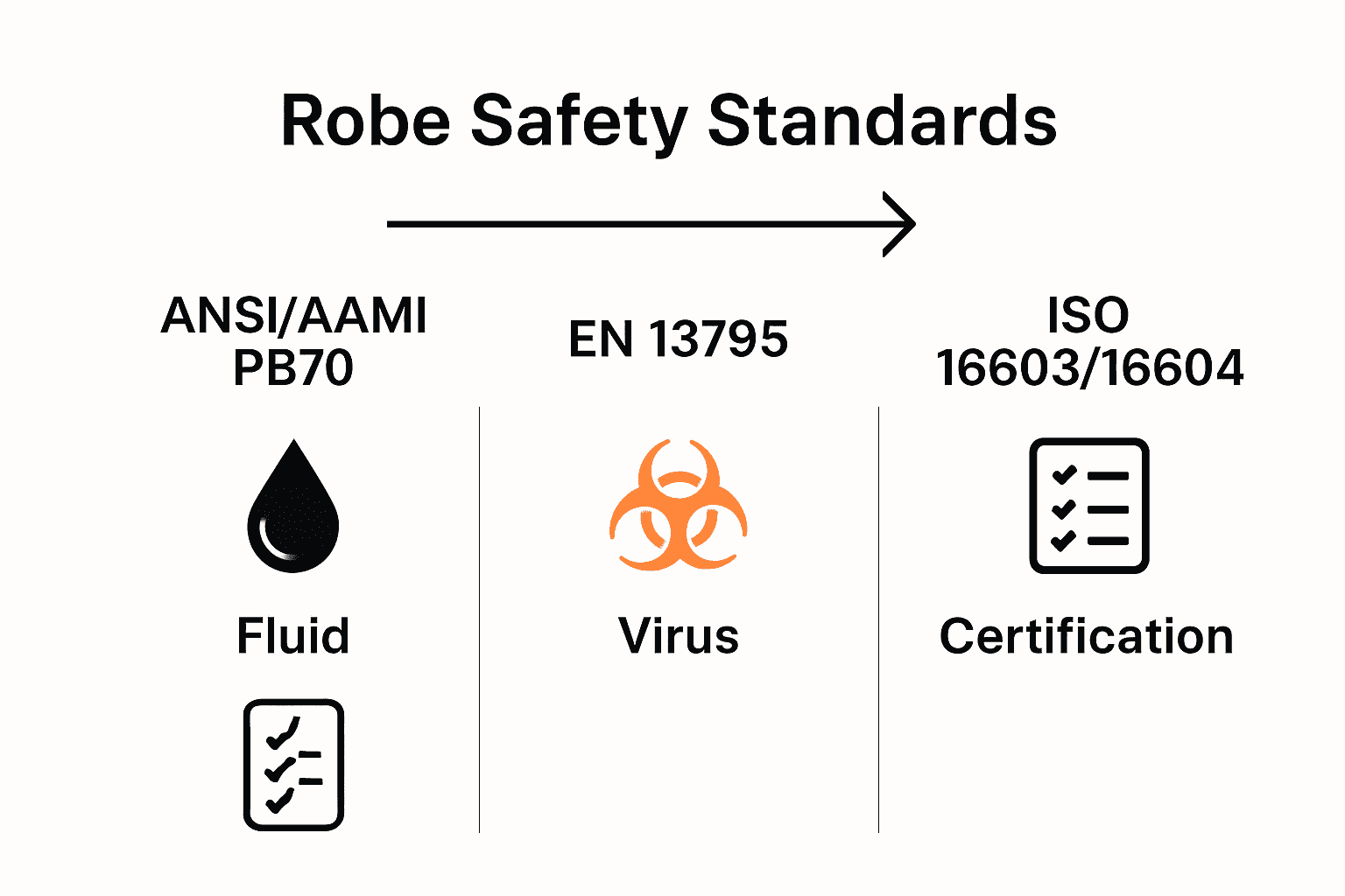 Infographic comparing ANSI/AAMI PB70, EN 13795, and ISO 16603/16604 robe standards with icons and arrows.