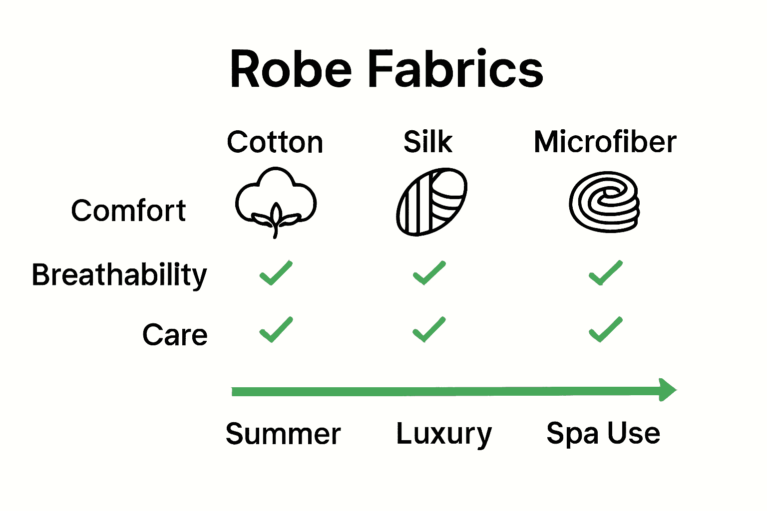 Infographic visually comparing cotton, silk, and microfiber robes.