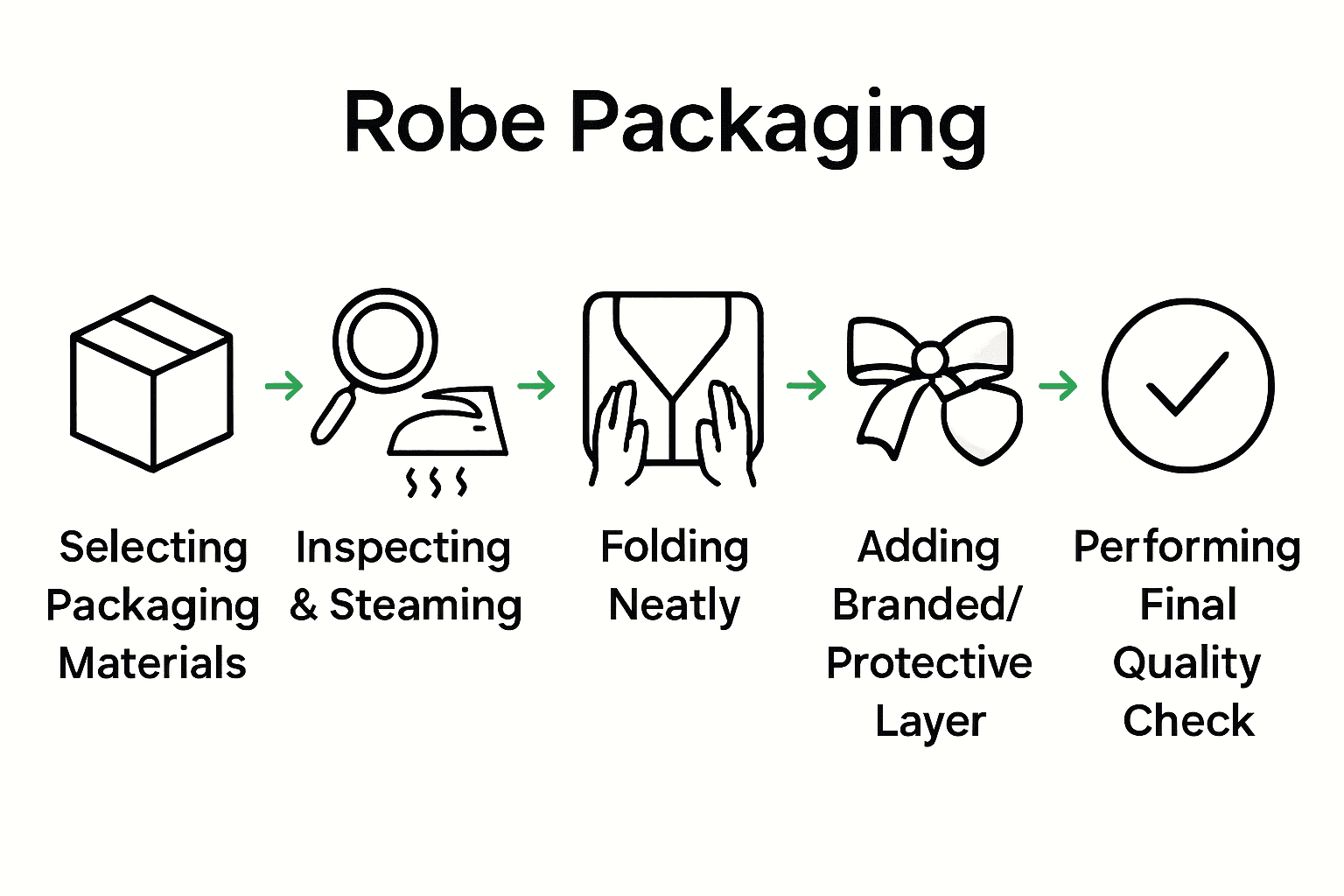 Infographic shows five key steps in robe packaging process with icons and arrows.