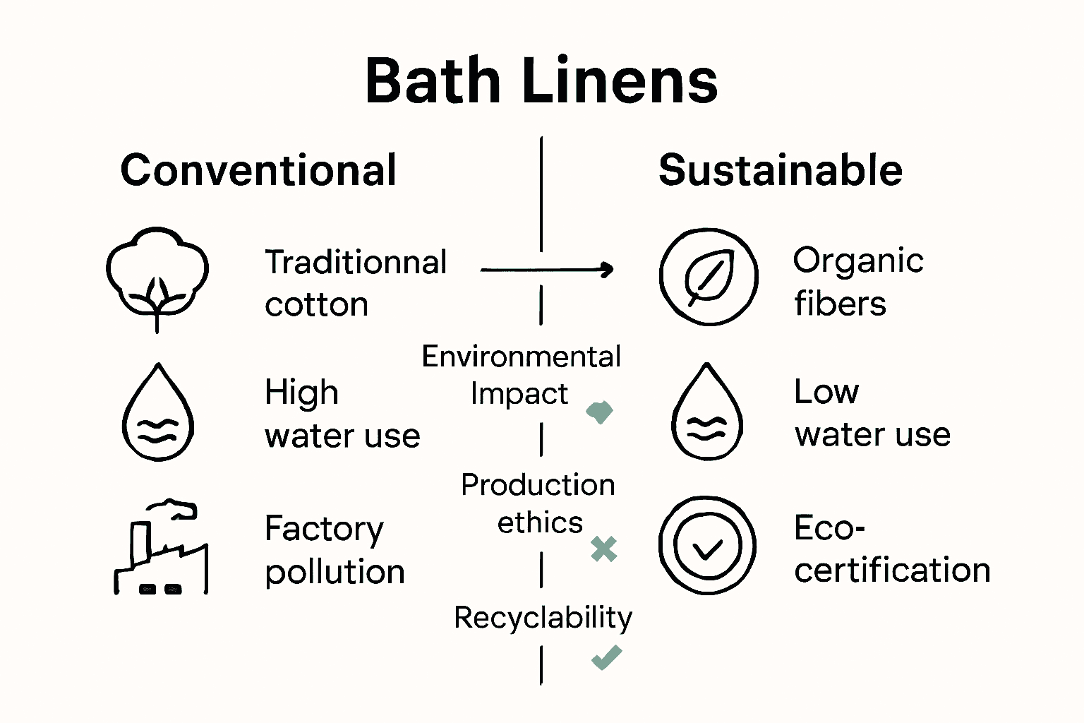 Comparison chart with icons shows difference between sustainable and conventional bath linen production, including water usage, material type, and ethical practices.
