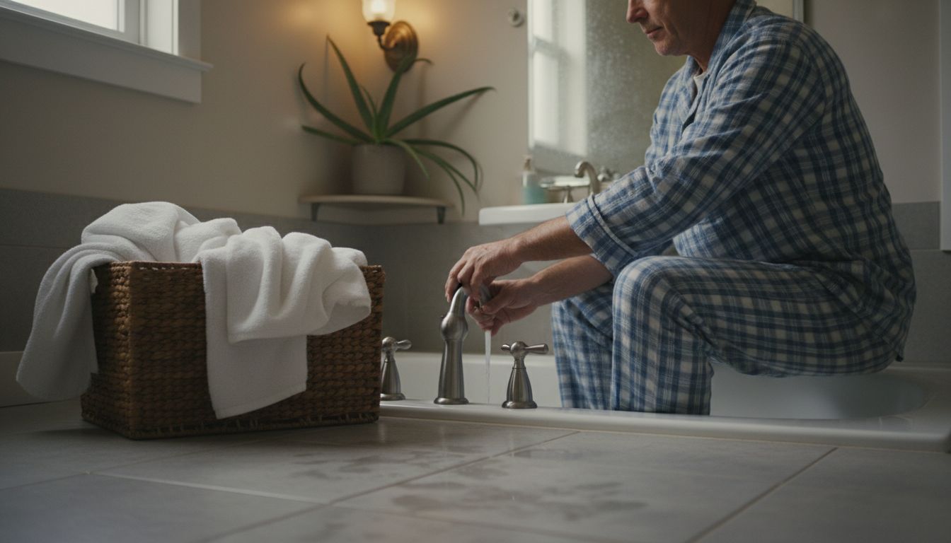 Man setting up mindful bathing space