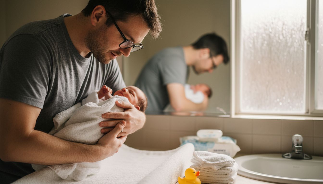 Father preparing newborn for sponge or tub bath