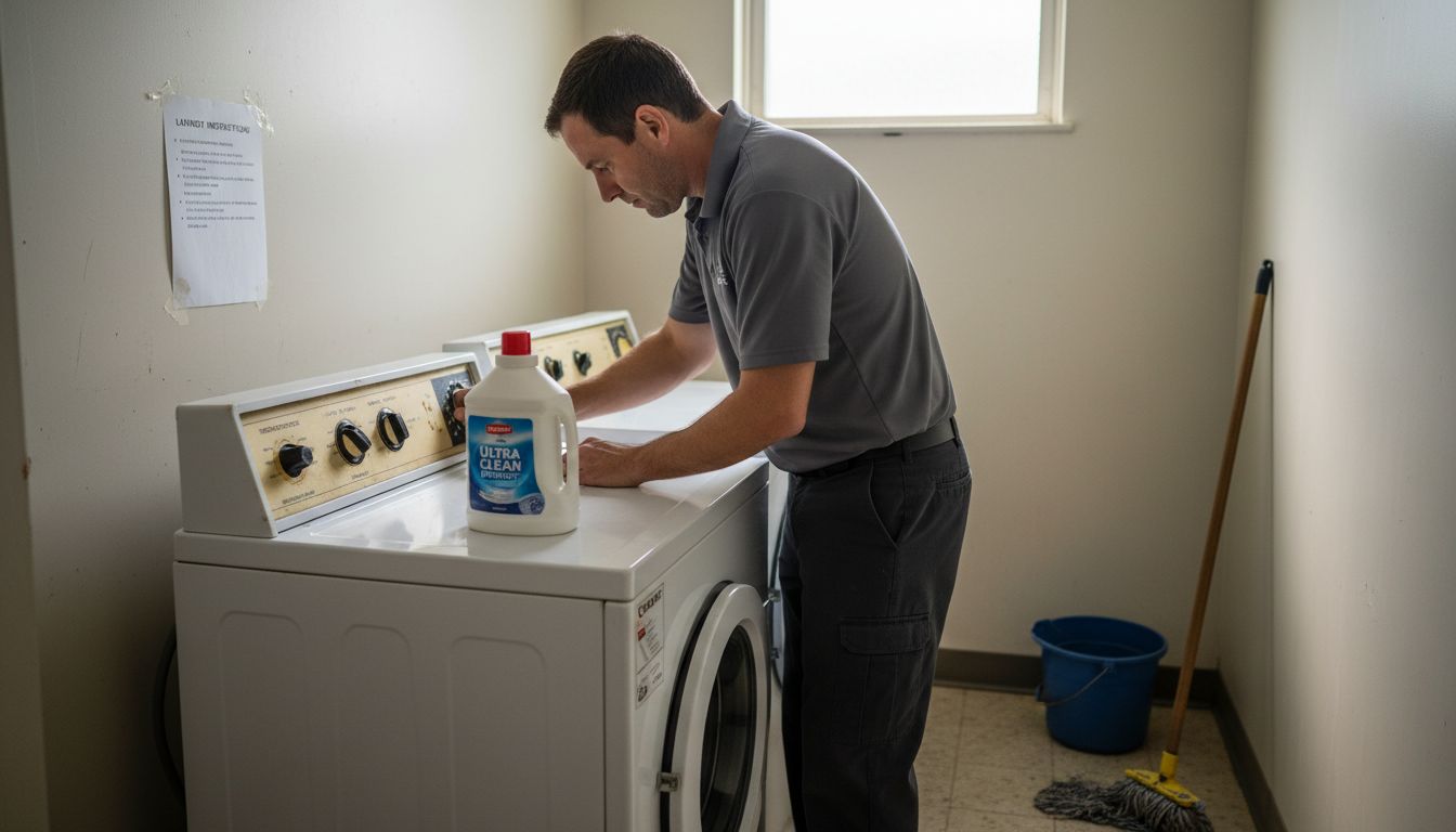 Worker adjusting wash settings for hotel robes