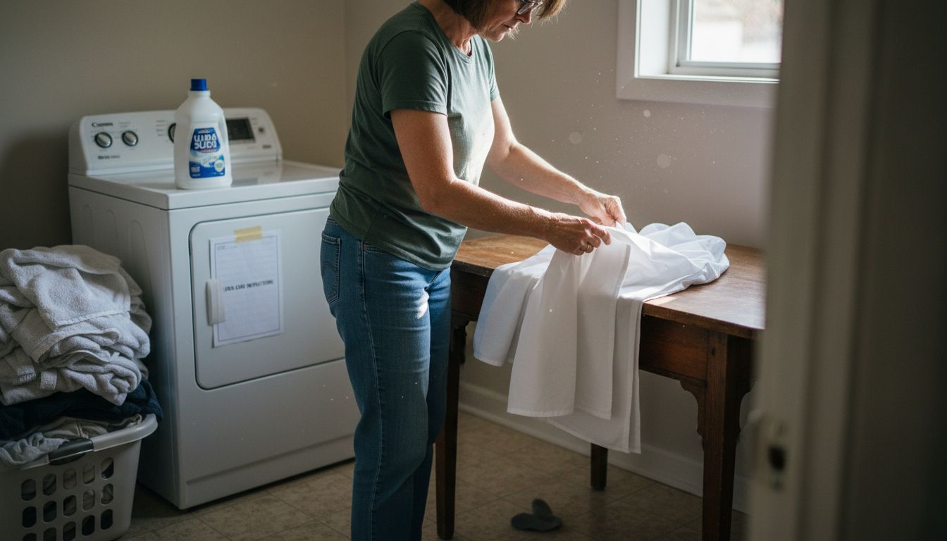 Woman folding linens in home laundry room