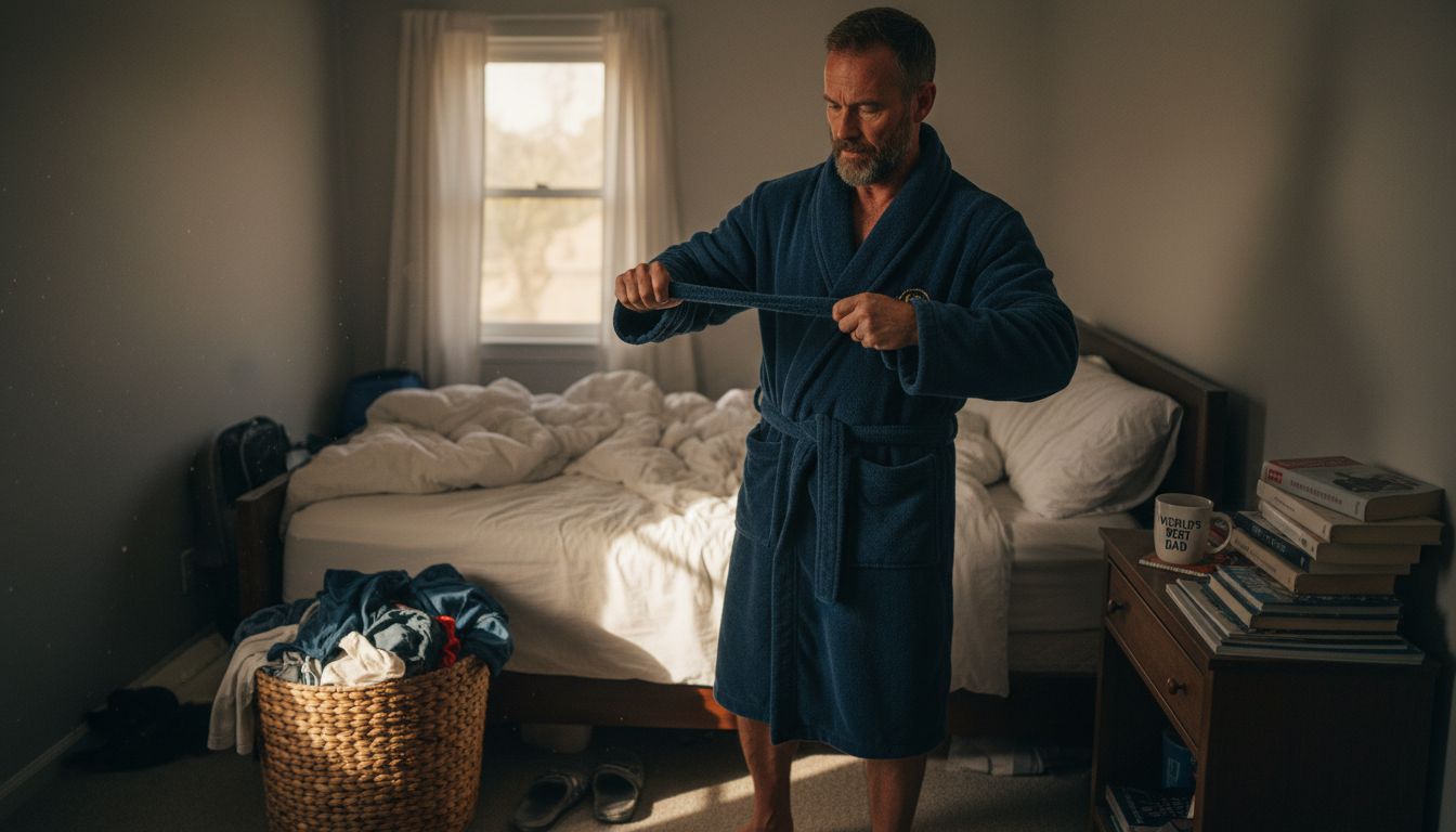 Man stretching robe to test fabric quality