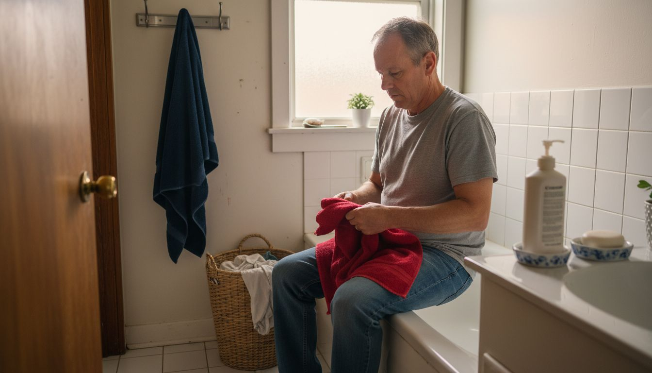 Man folding red towel blue towel nearby