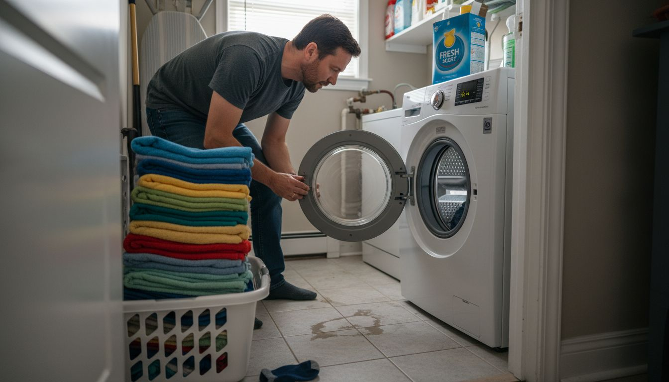 Father loading towels into washing machine