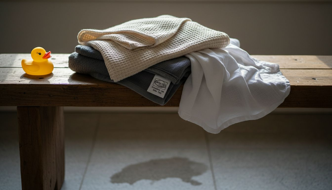 Stack of hypoallergenic bath linens by window