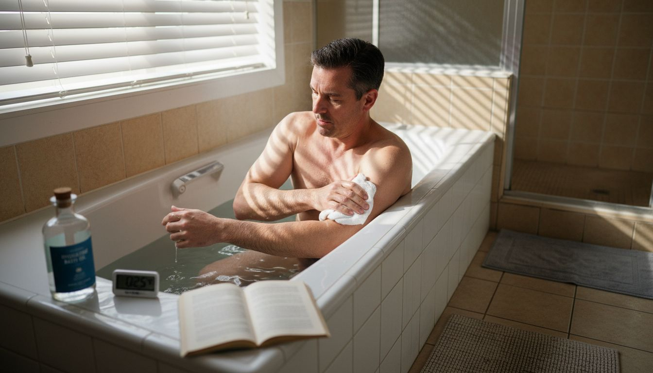 Man bathing for skin health in home bathroom