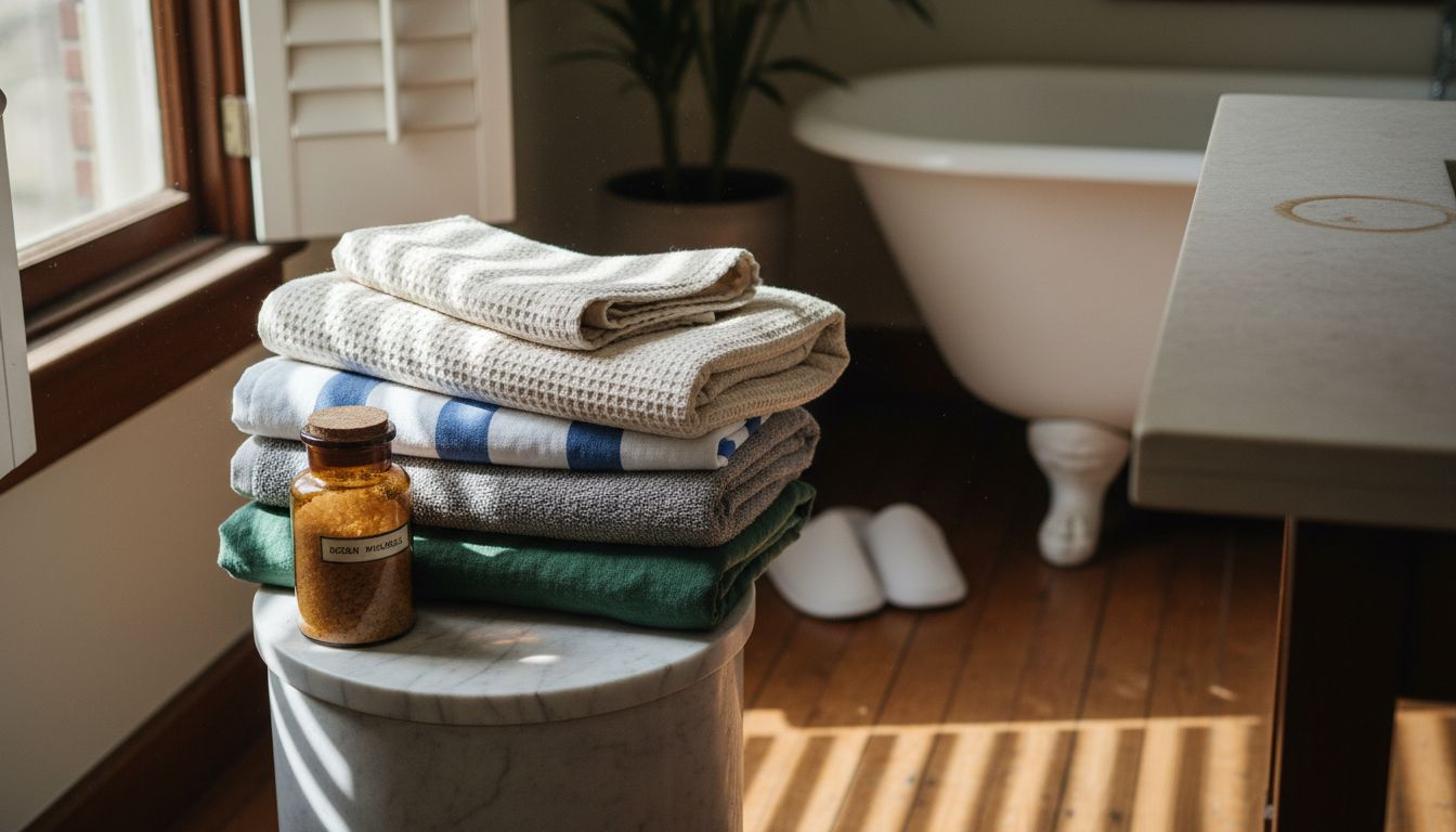 Stacked towels and bath accessories in sunlight