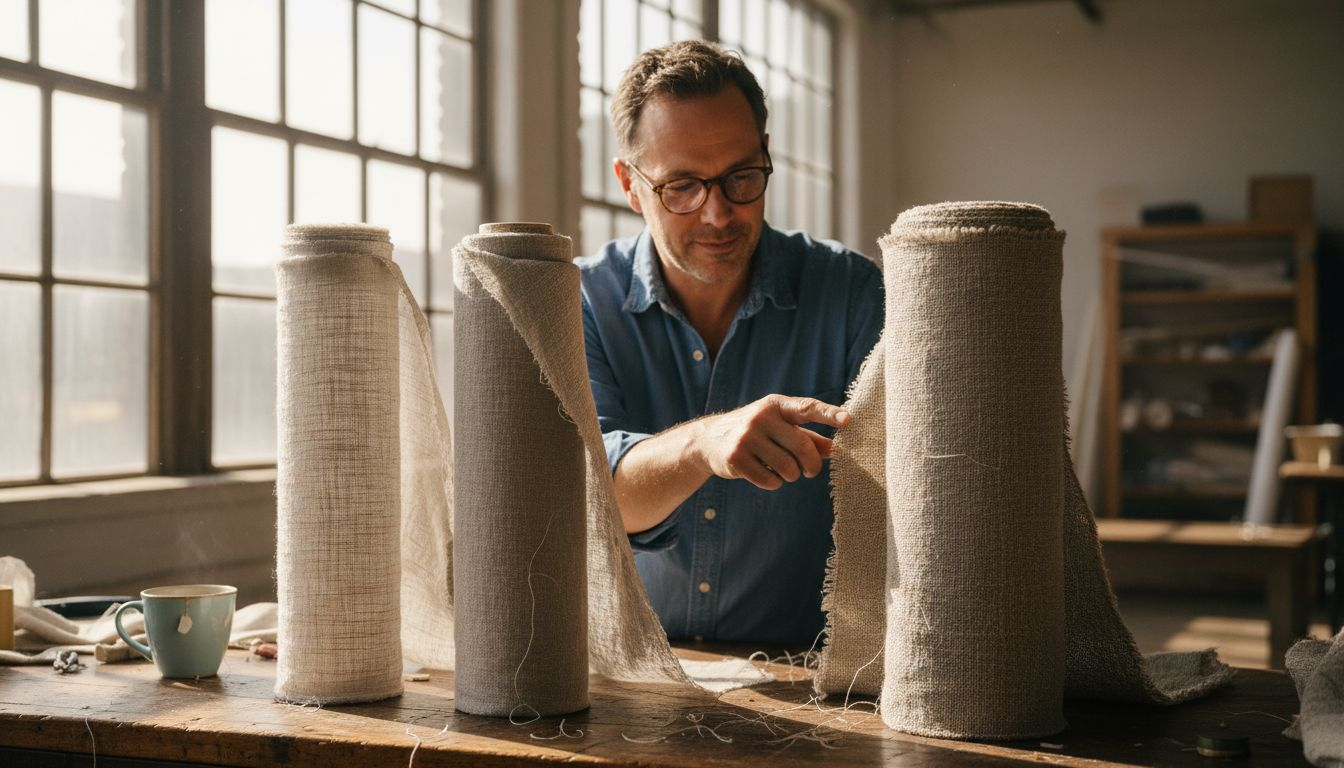 Three linen fabric types shown on workbench