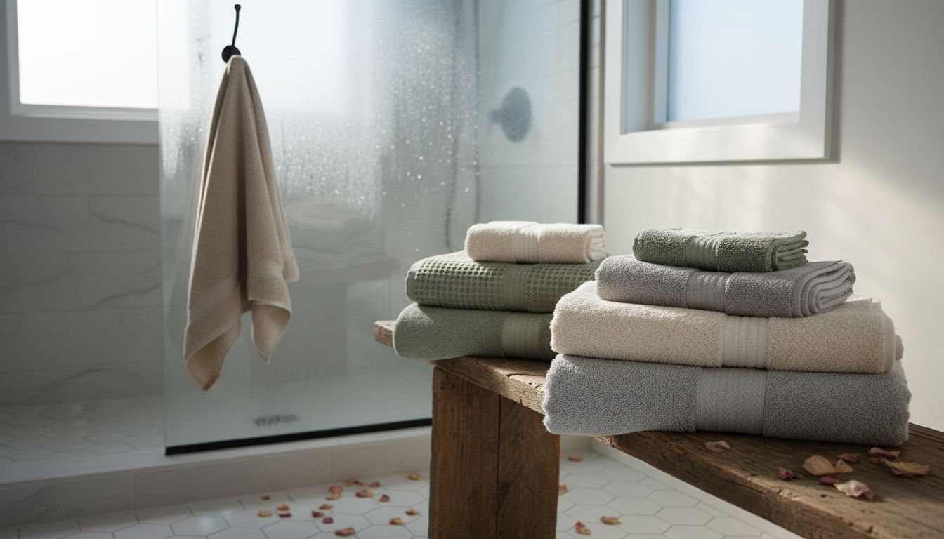 Stacked textured towels and hand towel in bright bathroom
