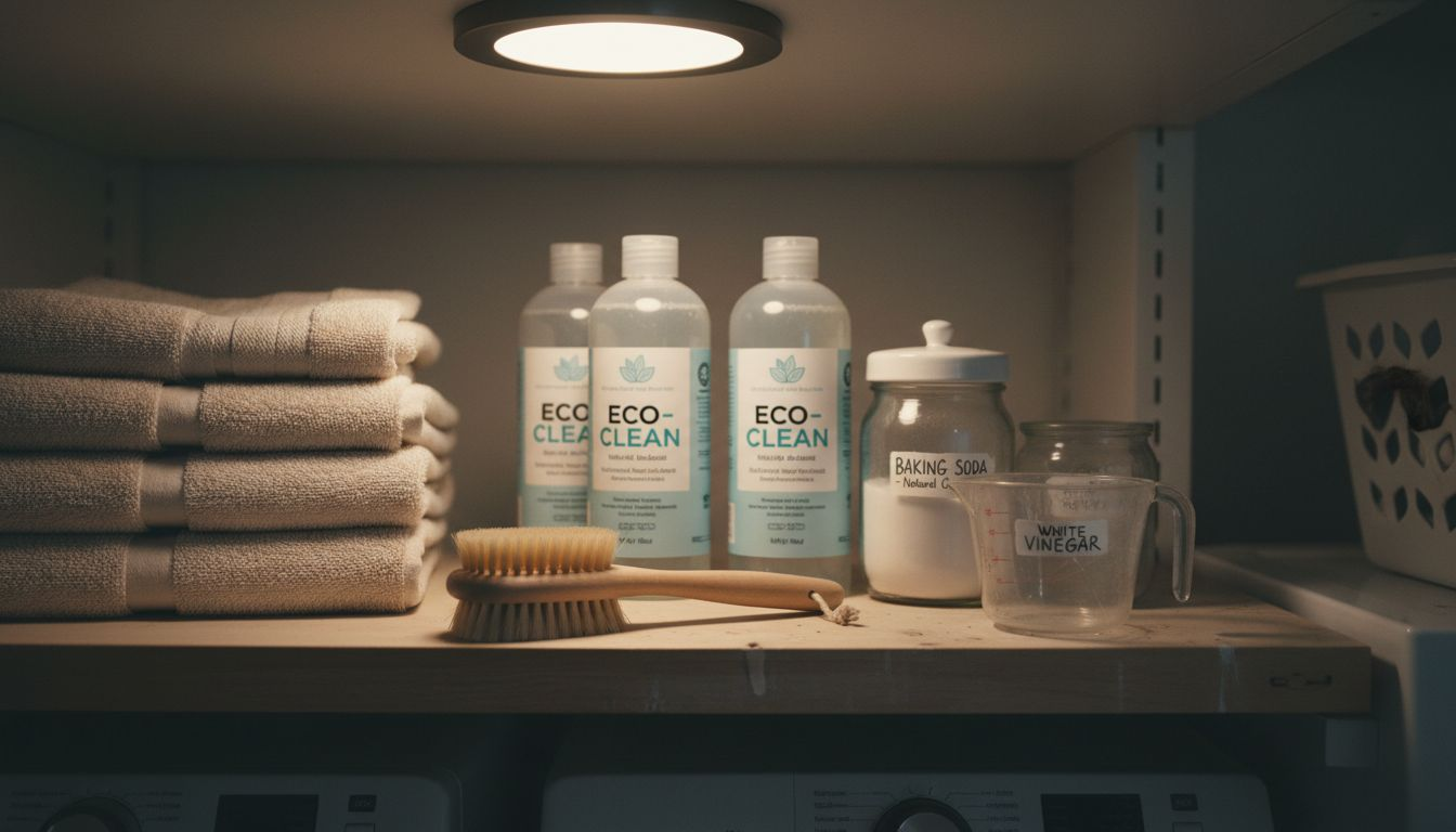 Essential towel care supplies on laundry shelf