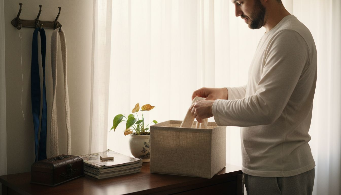 Man storing robe belt in linen container