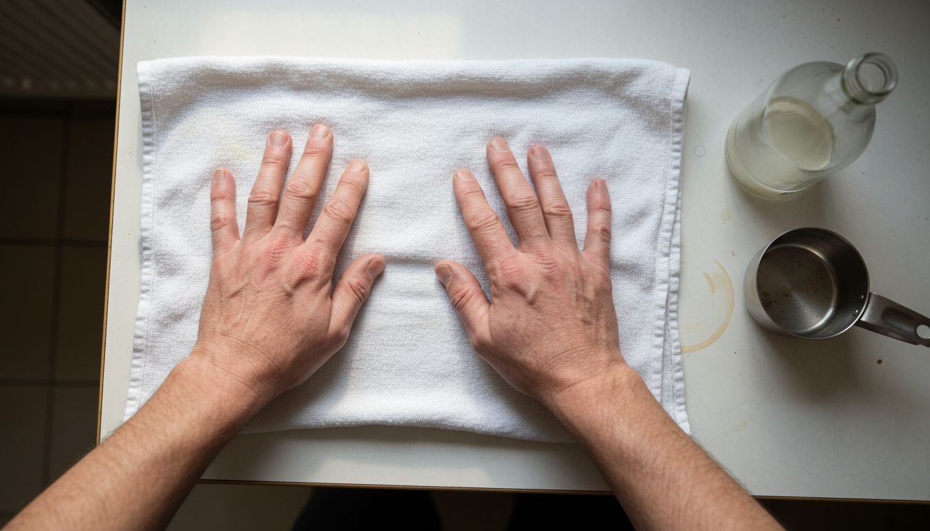 Hands inspecting linen for mineral damage
