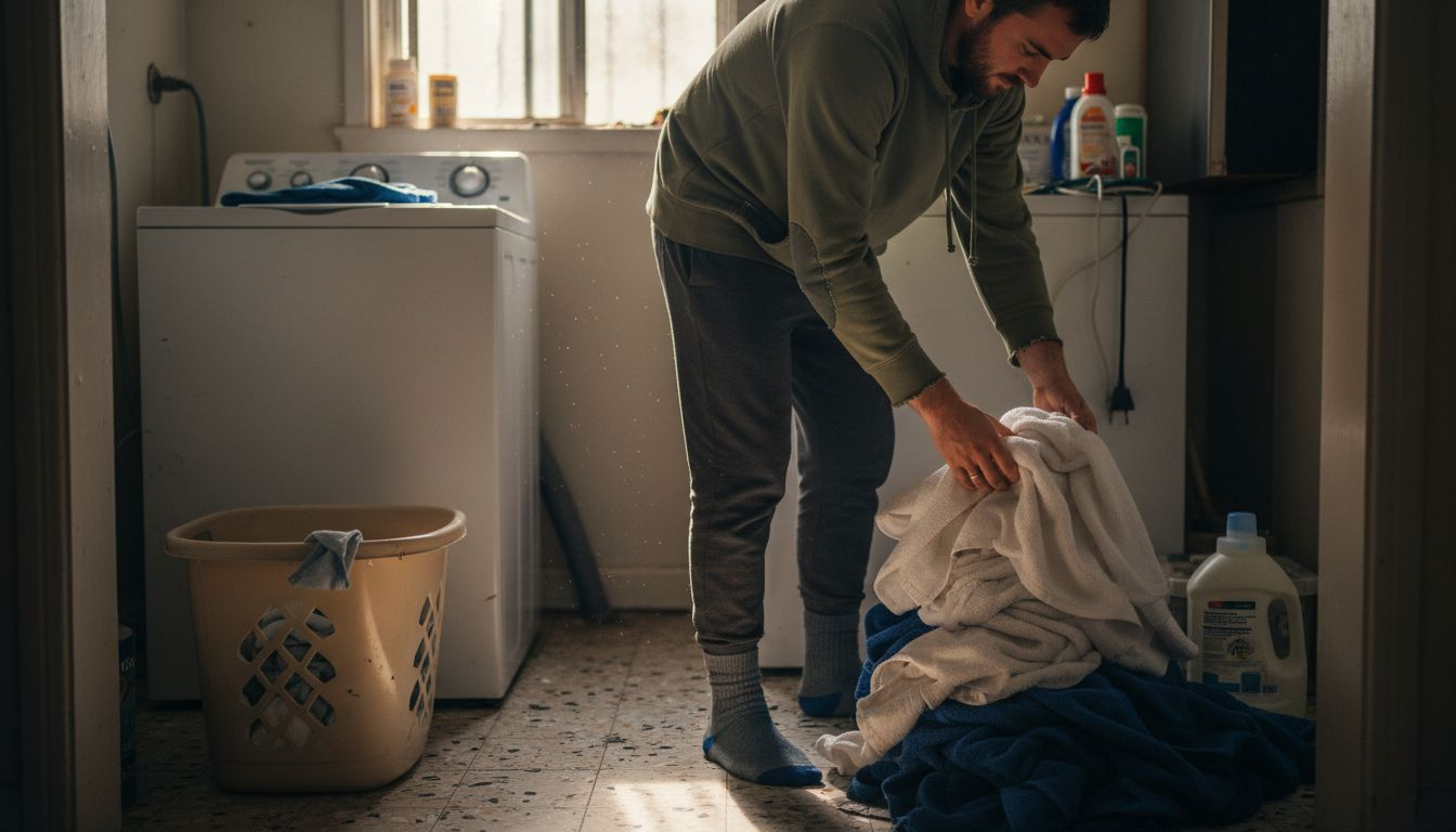 Man sorting towels for laundry by color