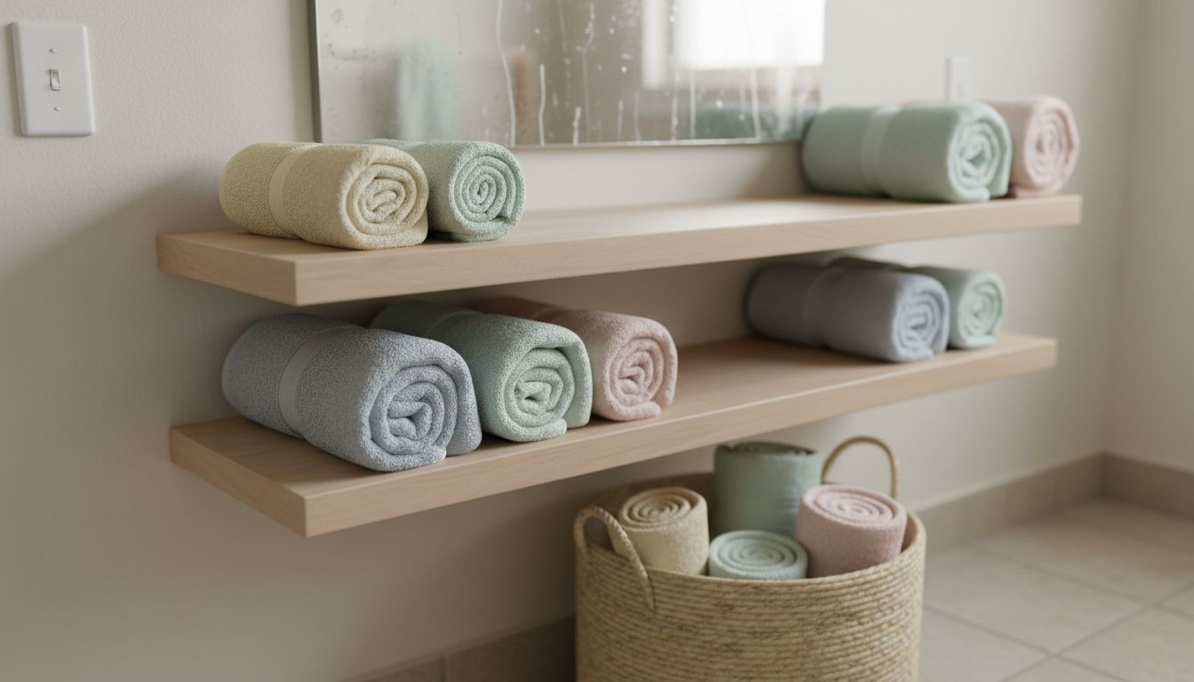 Shelves and basket for bathroom towels