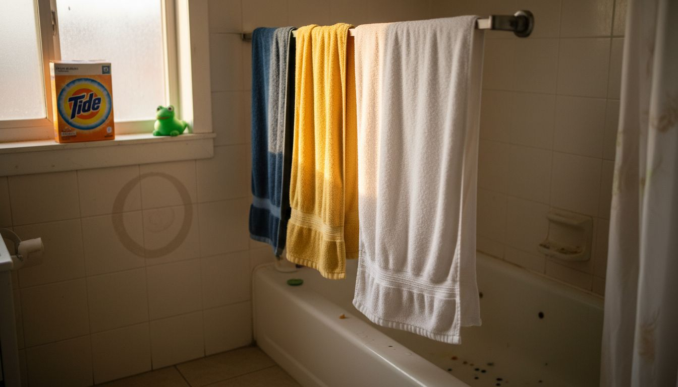 Microfiber towels hanging to dry in bathroom
