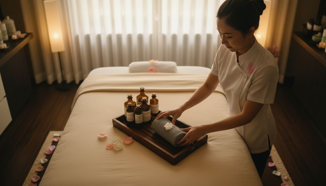 Spa attendant preparing cooling towel for client