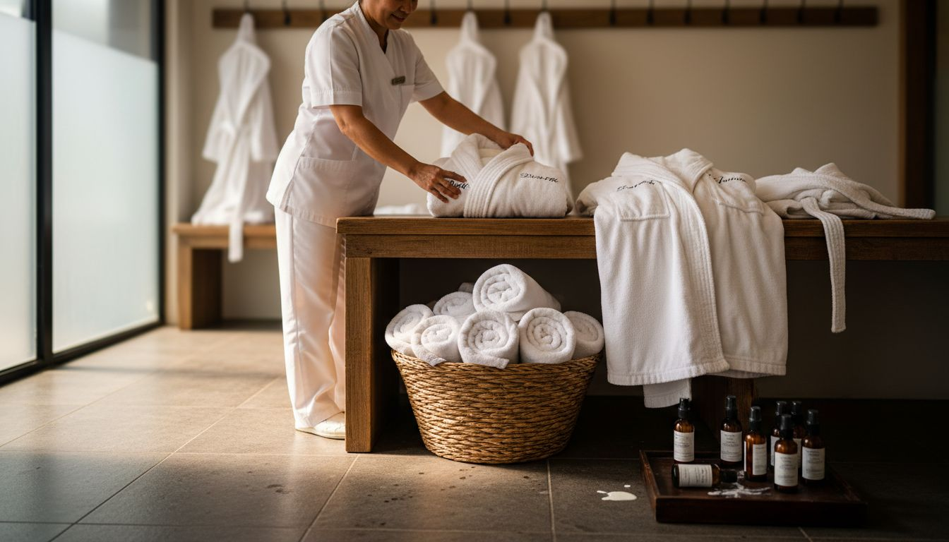 Spa attendant organizing personalized guest robes