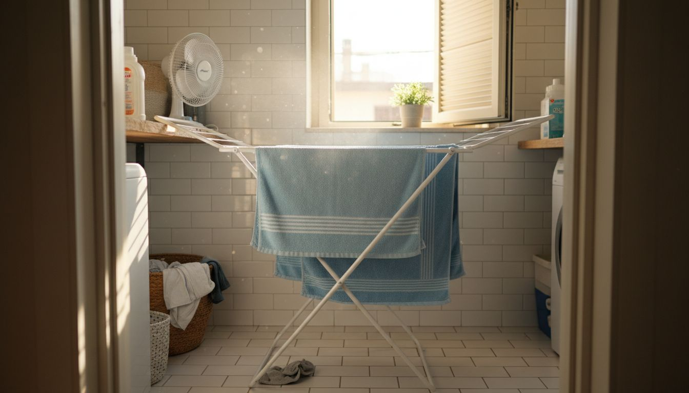 Towels hung with airflow in laundry area