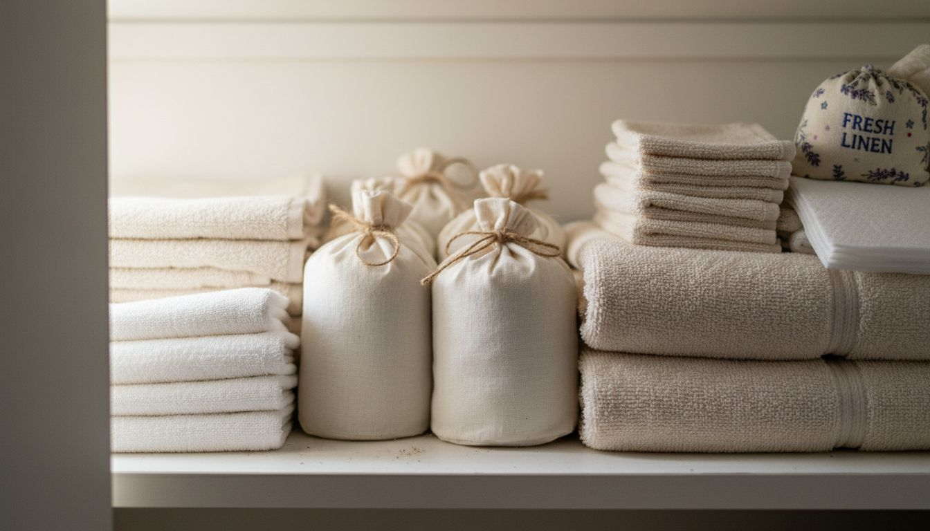 Neatly stacked towels with linen bags