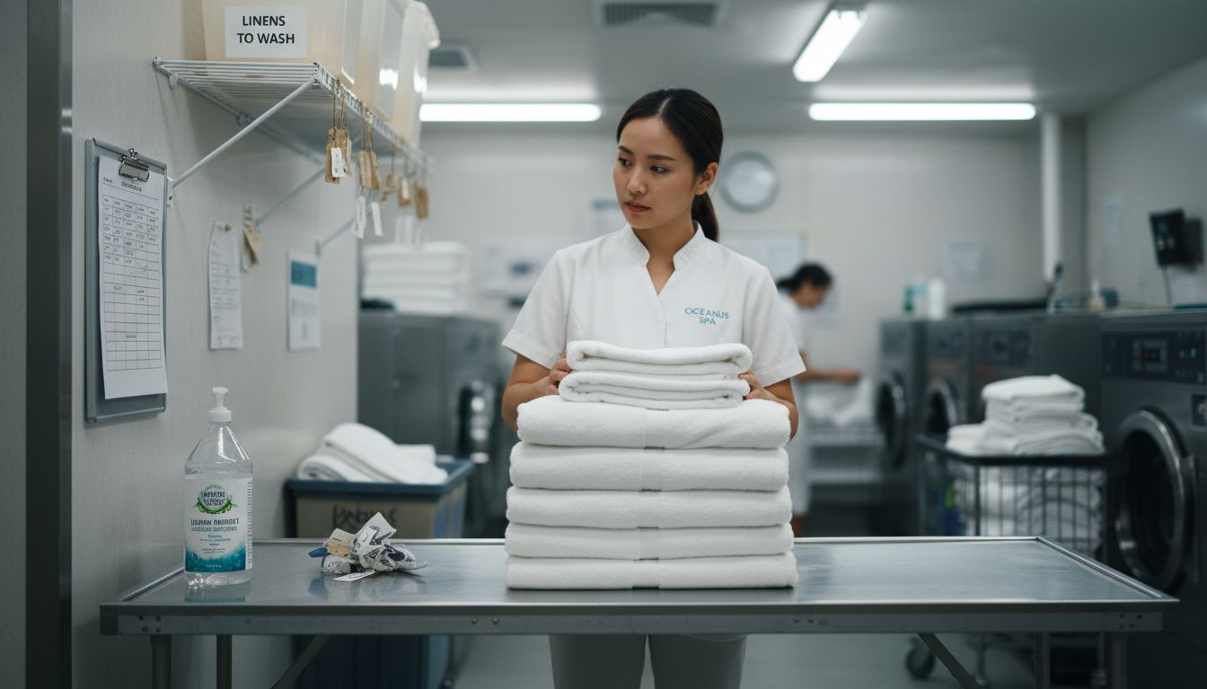 Attendant inspecting spa towels for hygiene