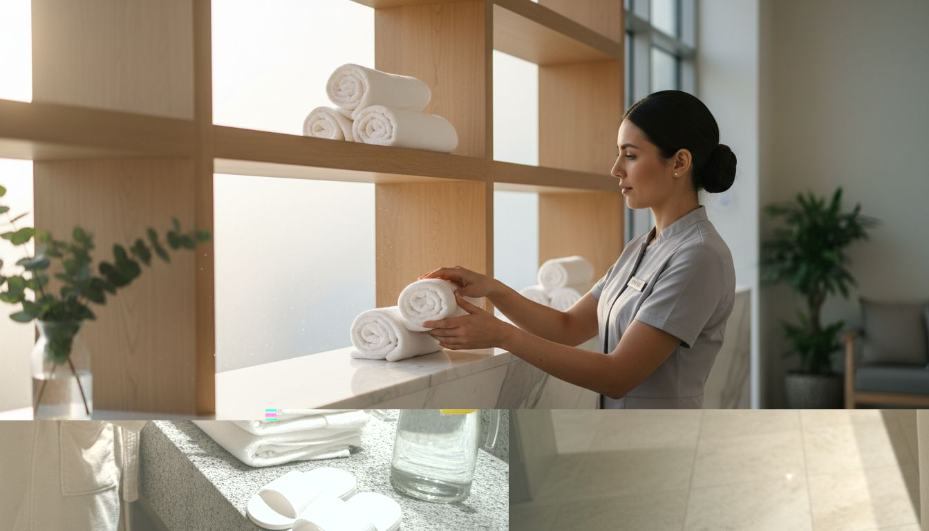Guest inspecting Turkish cotton towels in spa