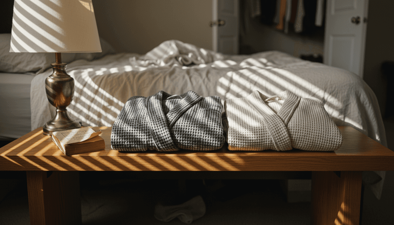 Two waffle robes contrasting textures on bench