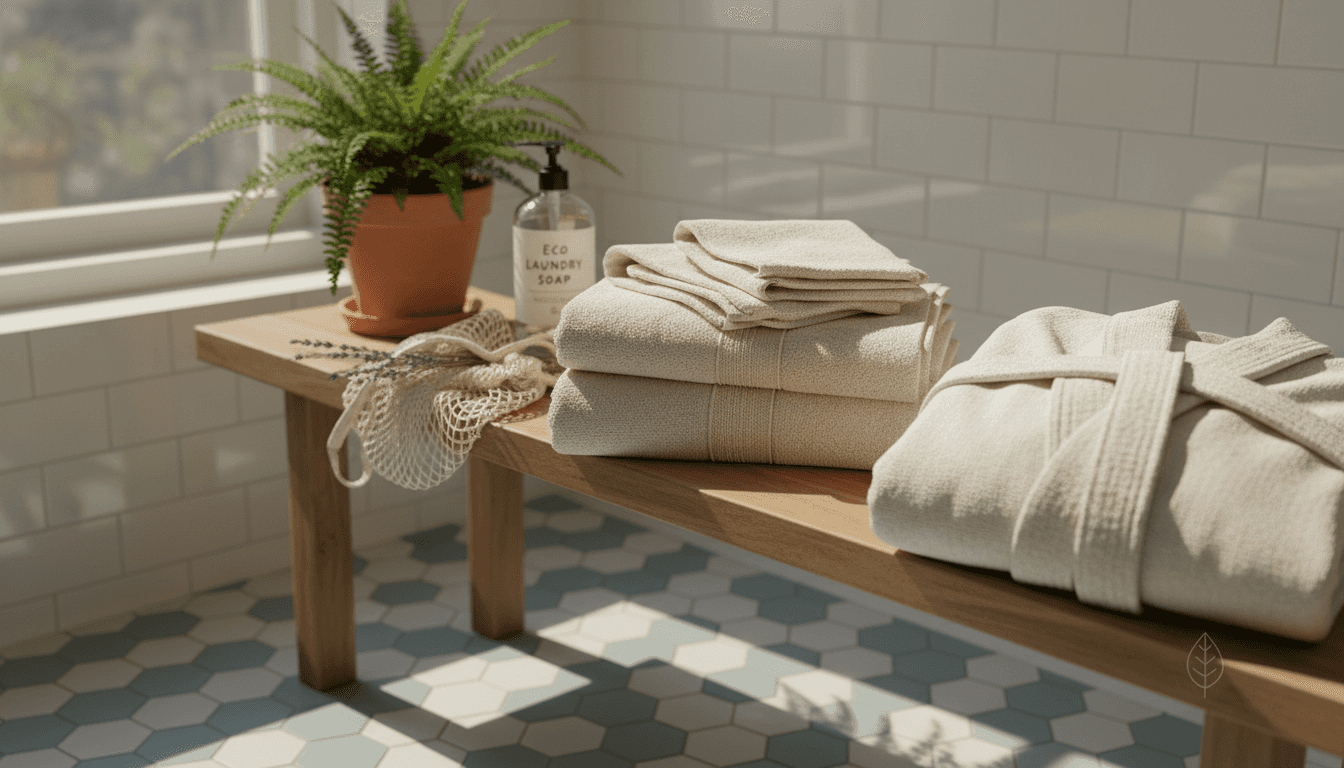 Stack of bamboo bath linens in bathroom
