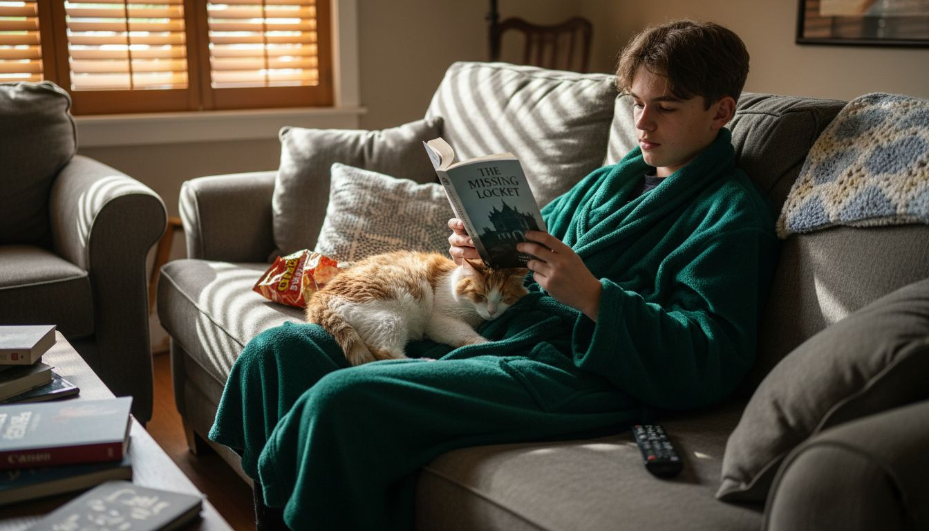 Teen boy in heavy fleece bathrobe reading