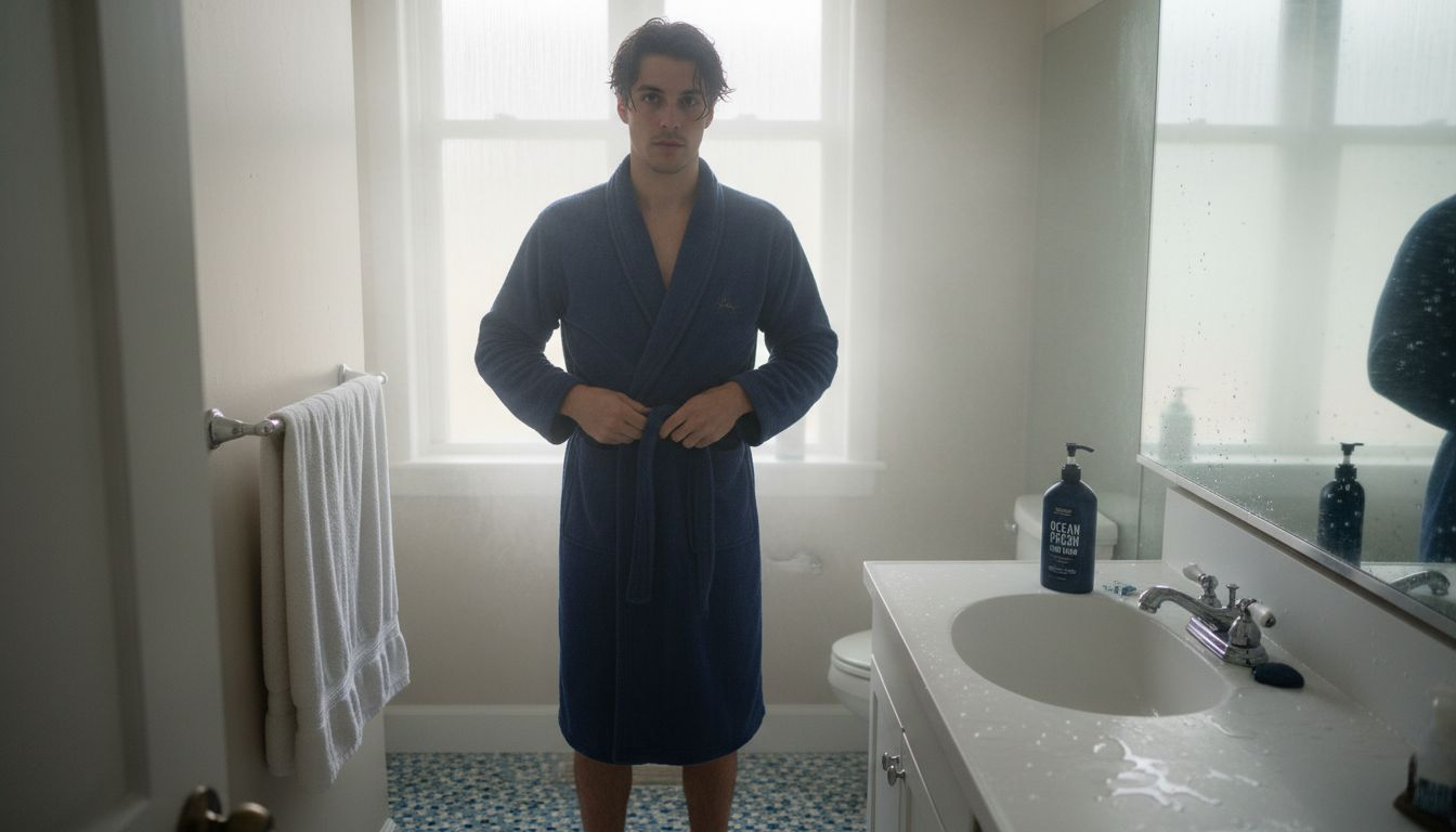 Man in bathrobe after shower in bathroom