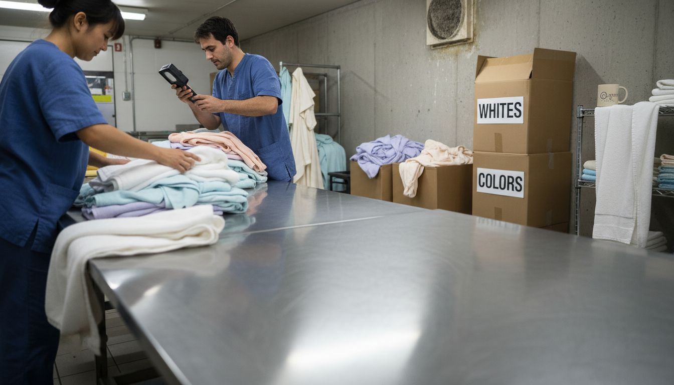 Staff sorting towels by color and type