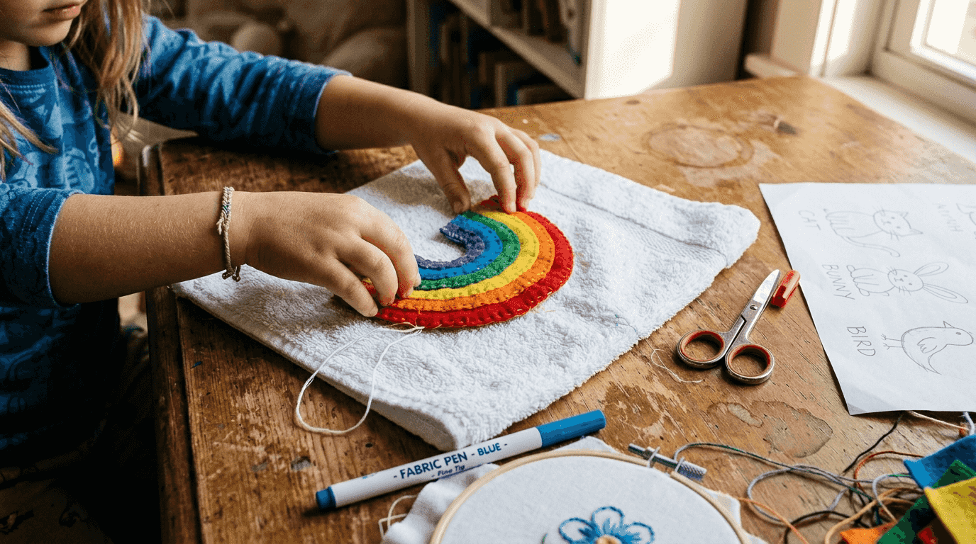 Hands arranging rainbow design for towel embroidery
