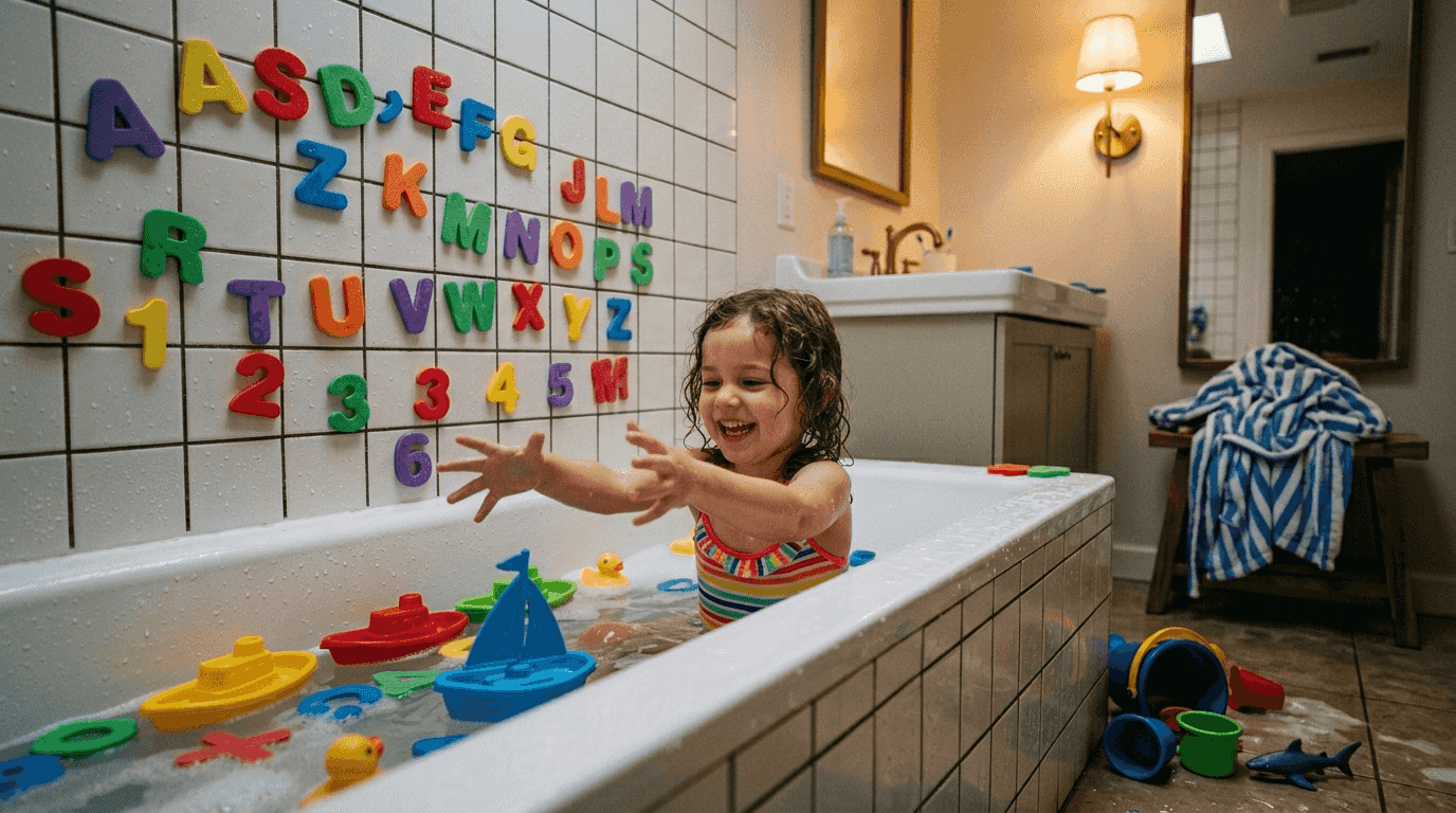 Child playing with bath toys in tub