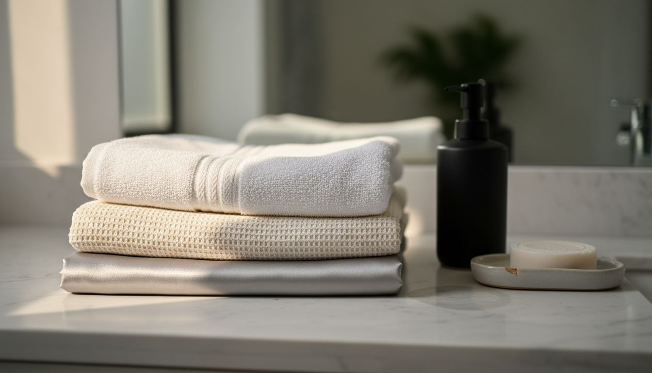 Layered bath towels showing texture variety