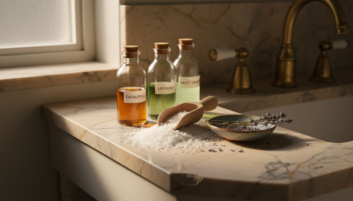 Bath spa essentials grouped on marble countertop