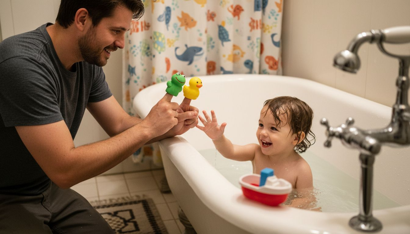 Parent using finger puppets for bath storytelling