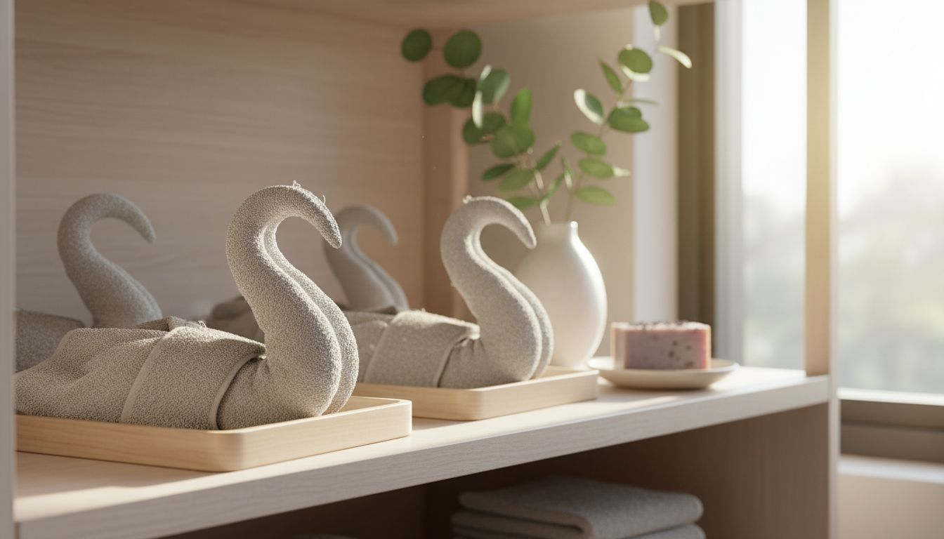 Towel origami swans for guest display