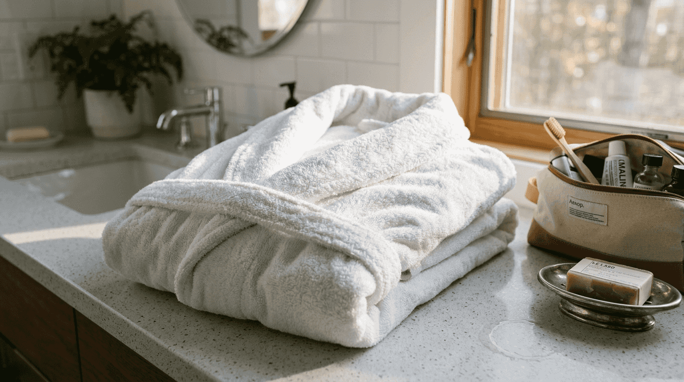 Shawl collar robe folded on bathroom counter